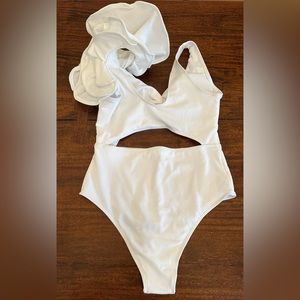 Solid White Ruffle Shoulder Cutout Swimsuit